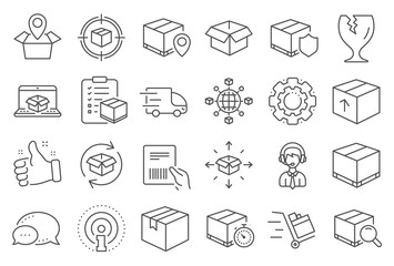 Fototapeta premium Logistics, Shipping document line icons. Set of Truck Delivery, Box and Checklist icons. Parcel tracking shipping, World trade logistics. Location pin, Goods parcel insurance and document. Vector