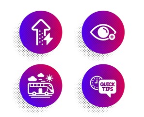 Farsightedness, Bus travel and Energy growing icons simple set. Halftone dots button. Quick tips sign. Eye vision, Transport, Power usage. Helpful tricks. Business set. Vector