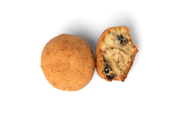 Cupcake with raisin isolated on white background.