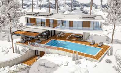 3d rendering of modern cozy house on the hill with garage and pool for sale or rent with beautiful landscaping on background. Cool winter day with shiny white snow.