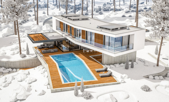 3d rendering of modern cozy house on the hill with garage and pool for sale or rent with beautiful landscaping on background. Cool winter day with shiny white snow.