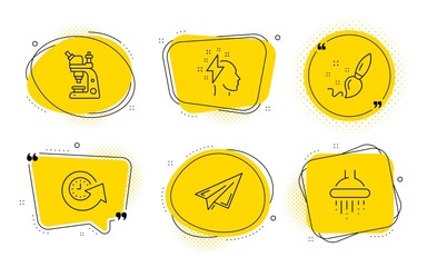 Paper plane, Microscope and Shower signs. Chat bubbles. Update time, Paint brush and Brainstorming line icons set. Refresh watch, Creativity, Lightning bolt. Airplane. Business set. Vector