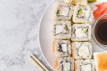 Top view close up of sushi plate