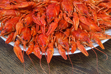Still life with crayfish crawfish on old wooden background