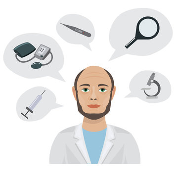 Doctor s tools cartoon vector illustration. Medical equipment syringe, blood pressure meter, microscope and thermometer. Therapist doctor head and set of medics icons.
