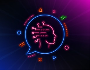 Artificial intelligence line icon. Neon laser lights. Ai head sign. Robotic intellect symbol. Glow laser speech bubble. Neon lights chat bubble. Banner badge with artificial intelligence icon. Vector