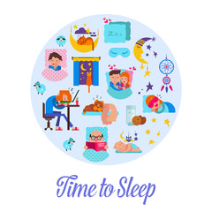 Sleep time flat vector illustration. Cartoon set with sleeping people, alarm clock, pillows and bedroom attributes, sweet dreams and baby asleep.