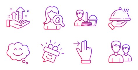 Moisturizing cream, Smile and Restaurant food line icons set. Analysis graph, Smile chat and Touchscreen gesture signs. Cleaning service, Couple symbols. Face lotion, Gift box. People set. Vector