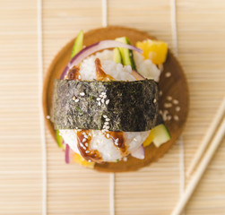 Top view rice balls with vegetables