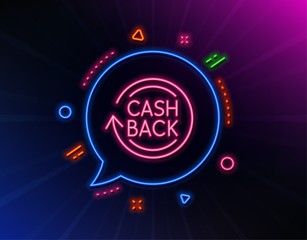 Cashback service line icon. Neon laser lights. Money transfer sign. Rotation arrow symbol. Glow laser speech bubble. Neon lights chat bubble. Banner badge with cashback icon. Vector