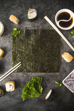 Sushi with ingredients vertical  frame