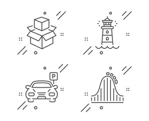 Packing boxes, Lighthouse and Parking line icons set. Roller coaster sign. Delivery package, Searchlight tower, Car park. Attraction park. Transportation set. Line packing boxes outline icon. Vector