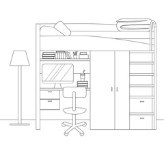 Vector Linear Interior of Teenage Bedroom. Illustration of Interior Design with Workspace for Homework: Table, Chair, Computer in Linear Style. University, High School College, Hostel Living Apartment