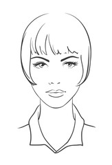 Woman portrait in face. Young attractive girl with a short haircut. Outline icon. Vector illustration.