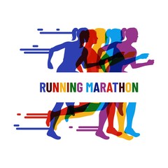 Running people colorful poster.Running marathon. Vector creative illustration with  people
