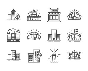 Set of Buildings icons, such as Lighthouse, University campus, Arena stadium, Arena, Skyscraper building, Sports stadium, Hotel, Circus, Loan house, Shop line icons. Lighthouse icon. Vector