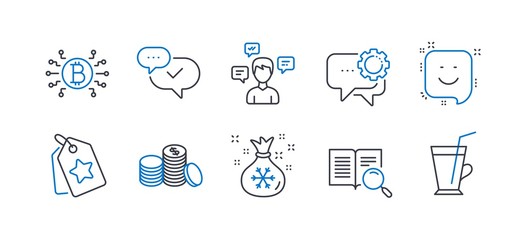 Set of Business icons, such as Bitcoin system, Conversation messages, Loyalty tags, Search text, Employees messenger, Banking money, Approved, Santa sack, Smile, Coffee cup line icons. Vector