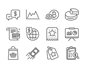 Set of Finance icons, such as Fast payment, Online buying, Presentation, Payment card, Loyalty ticket, Loyalty tags, Refresh bitcoin, Diagram, Accounting report, Pie chart, World money. Vector