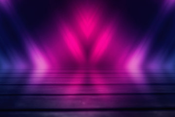 Obraz premium Background of empty dark scene with wooden old floor. Neon light smoke. Dark abstract background
