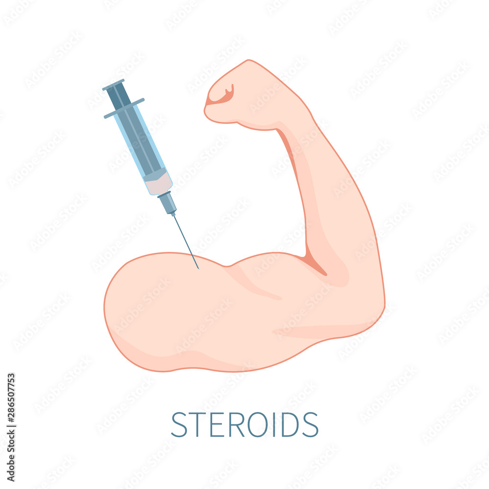 Wall mural Syringe injecting testosterone steroids, growth booster supplements into bodybuilder's strong muscular arm. Sportsman taking doping and anabolics. Sport and fitness concept.Vector cartoon illustration