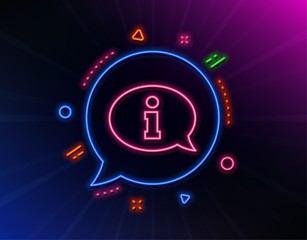 Information line icon. Neon laser lights. Info center sign. Support speech bubble symbol. Glow laser speech bubble. Neon lights chat bubble. Banner badge with information icon. Vector