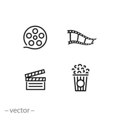 cinema icon set, video film, movie thin line web symbols on white background - editable stroke vector illustration eps10