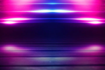 Background of empty dark scene with wooden old floor. Neon light smoke. Dark abstract background