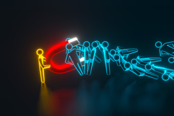 Person's Hand Pulling Human 3d Figures With Horseshoe Magnet. Business employee search concept. 3d rendering