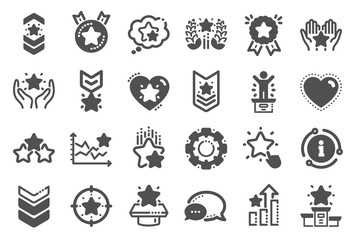 Ranking icons. First place, star rating and winner medal. Shoulder strap, army achievement and victory ribbon icons. Star ranking, champion and winner trophy. Best level. Quality set. Vector