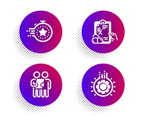Survey, Timer and Prescription drugs icons simple set. Halftone dots button. Gear sign. Contract, Deadline management, Pills. Work process. Science set. Classic flat survey icon. Vector