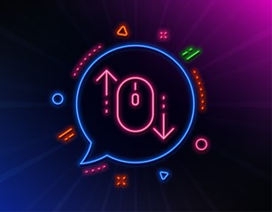 Scroll down mouse line icon. Neon laser lights. Scrolling screen sign. Swipe page. Glow laser speech bubble. Neon lights chat bubble. Banner badge with scroll down icon. Vector