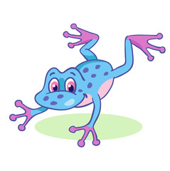 Little funny blue frog is jumping.  In cartoon style. Isolated on a white background.