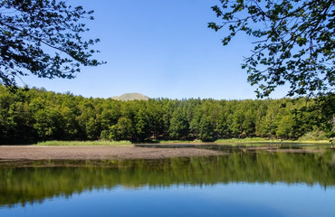 Pranda Lake, view with Apennine mountains just peeking out above tree. Reggio Emilia province, Emilia Romagna district, Italy, Europe.