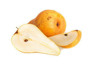 Fresh pear. Fruit with half and quarter isolated on white background.