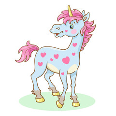 Little cute unicorn standing on the glade. Isolated on white background. In cartoon style.