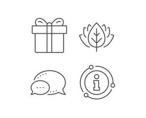 Gift box line icon. Chat bubble, info sign elements. Present or Sale sign. Birthday Shopping symbol. Package in Gift Wrap. Linear gift box outline icon. Information bubble. Vector