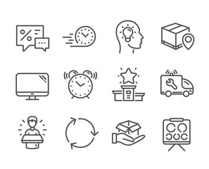 Set of Business icons, such as Computer, Idea head, Parcel tracking, Hold box, Alarm clock, Vision board, Winner podium, Discounts, Fast delivery, Brand ambassador, Car service, Recycling. Vector
