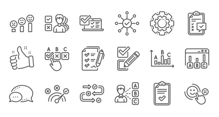 Survey or Report line icons. Opinion, Customer satisfaction and Feedback results. Testing linear icon set. Quality line set. Vector