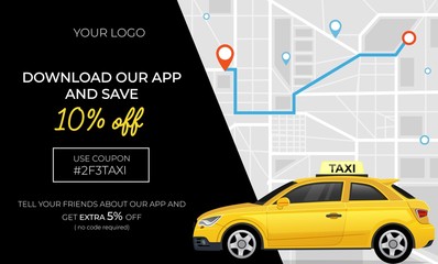 Taxi service banner with free ride discount vector illustration. Template with top view on modern city map with geolocation pins, yellow cars and promotion code flat style concept. Place for text © Microstocker.Pro
