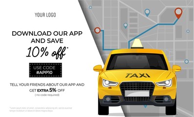 Taxi service promo ad banner with yellow taxicab vector illustration. Template with modern city, locational pin, cab and offer to download app and get discount on travel flat style. Place for text © Microstocker.Pro