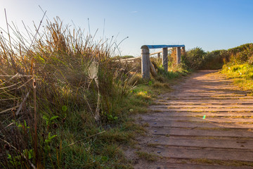 Beach side path with a sunset in the background.