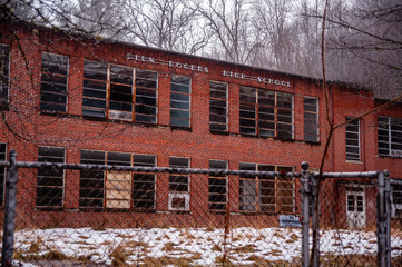 Foggy View of Abandoned Glen Rogers High School on Cold Winter Day - Glen Rogers, West Virginia