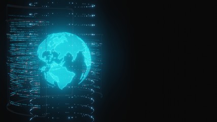 3D Rendering of digital hologram earth with wire frame and glowing led blue color on blur software source code programming background. For world global topic, news headline, big data, machine learning