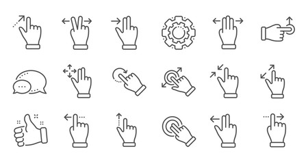 Touchscreen gesture line icons. Hand swipe, Slide gesture, Multitasking icons. Touchscreen technology, tap on screen, drag and drop. Linear set. Quality line set. Vector