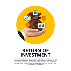 hand holding money bag golden coin, chart, arrow growth return of investment ROI