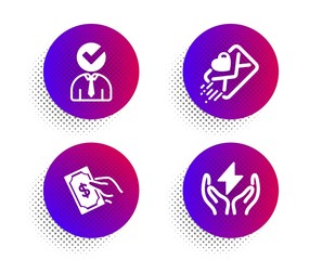 Fototapeta premium Vacancy, Pay money and Love letter icons simple set. Halftone dots button. Safe energy sign. Businessman concept, Hold cash, Heart. Thunderbolt. People set. Classic flat vacancy icon. Vector