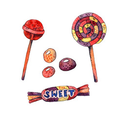 Kids watercolor set. Set of multicolored lollipops candy