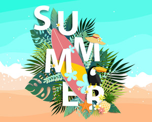 Summer banner design with hornbill bird and surfboard