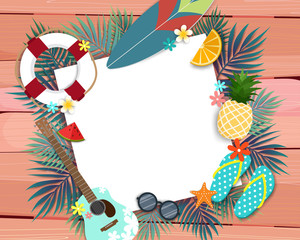 Summer vector banner design with white squares for text and surfboard, guitar, slippers and lifebuoy