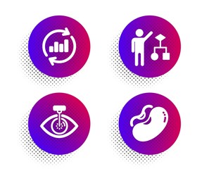 Eye laser, Update data and Algorithm icons simple set. Halftone dots button. Beans sign. Optometry clinic, Sales chart, Developers job. Vegetarian seed. Business set. Vector